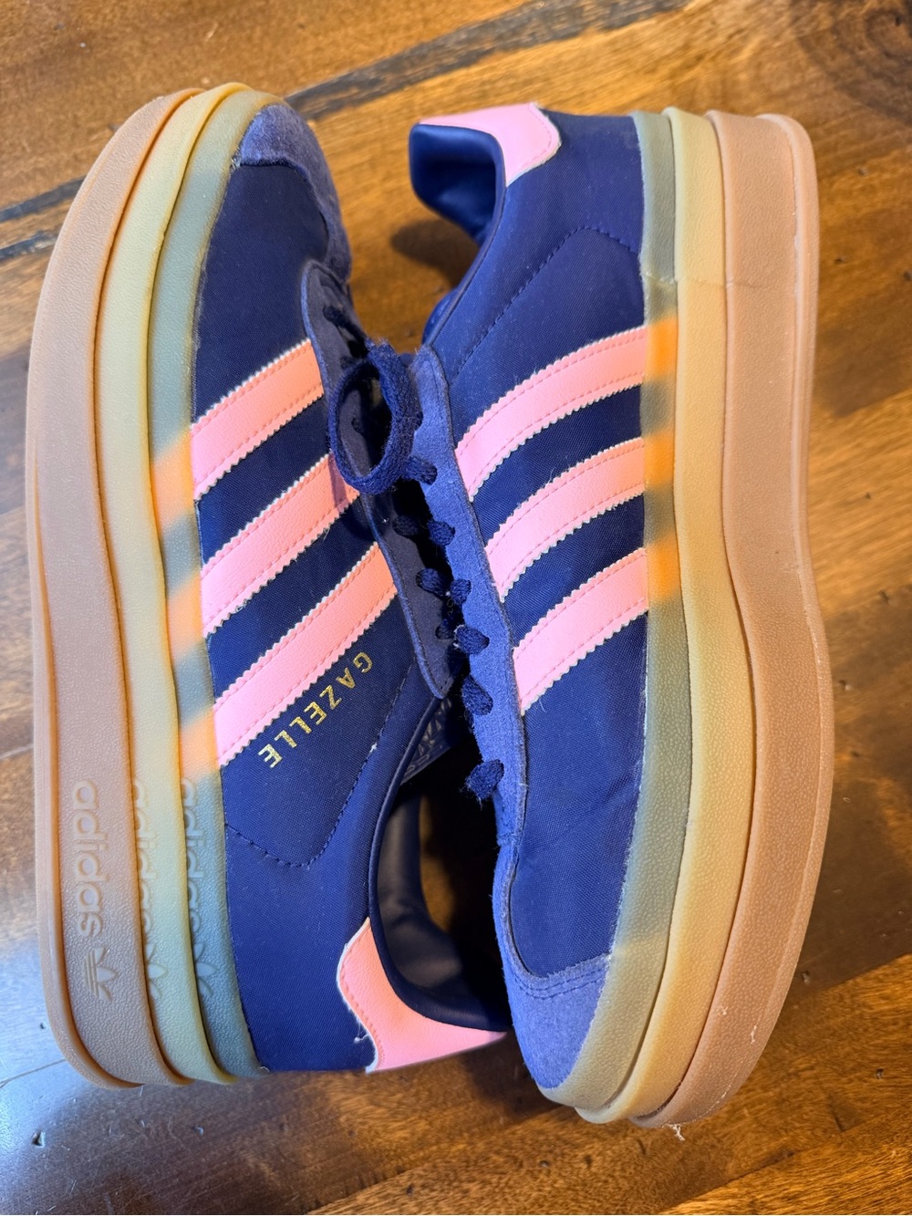 adidas Navy Sneakers with Pink Stripes and Gum Platform Gazelle